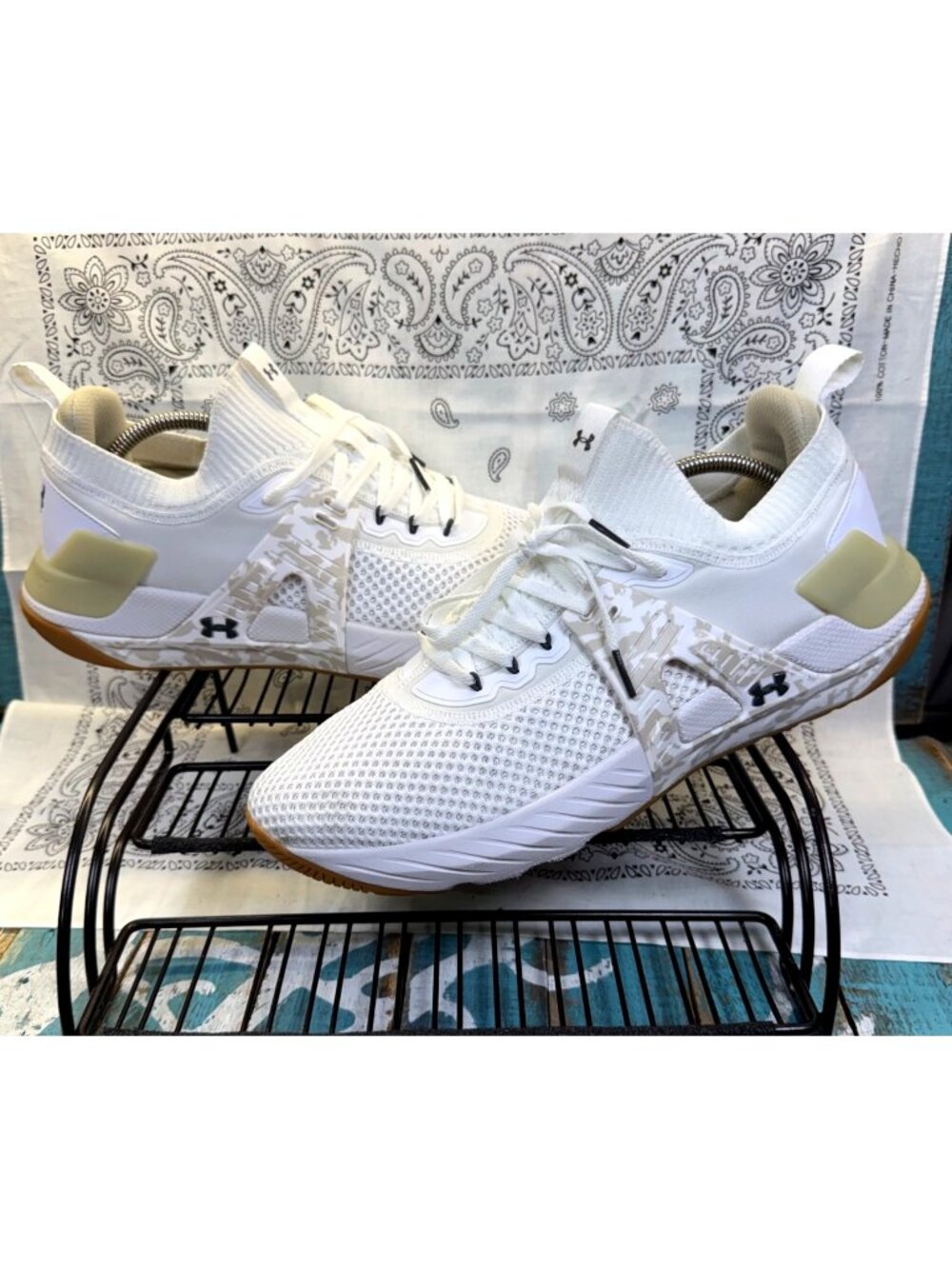 Under Armour Project Rock 4 Camo White Athletic Shoes 3025143-103 Men Sz12 EUC